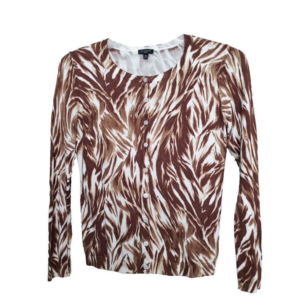 TALBOTS Petite Brown Charming Feathered Waves Button-Up Cardigan Size MP